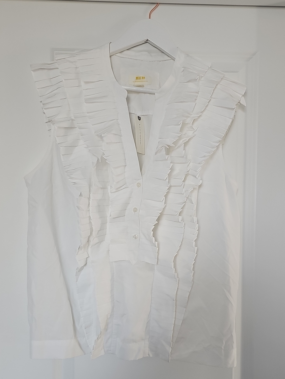 Maeve White Sleeveless Ruffle-Trim Button Front Blouse